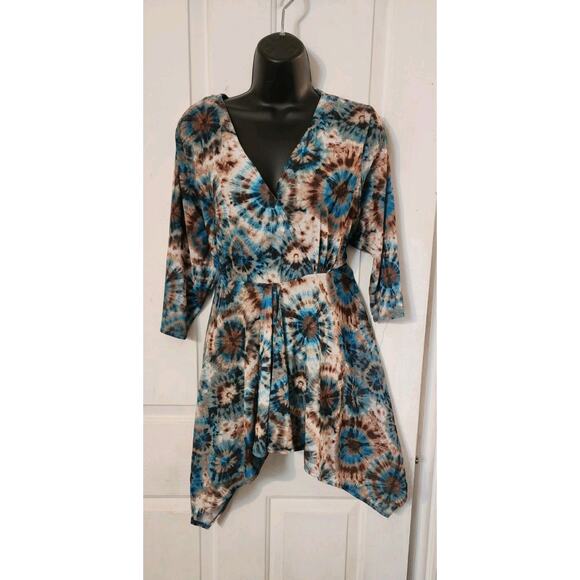 Denim 24/7 Women's XL Tunic Sheer Top Satrburst Tie Die Earth Tones Hippy Girl - Picture 5 of 13